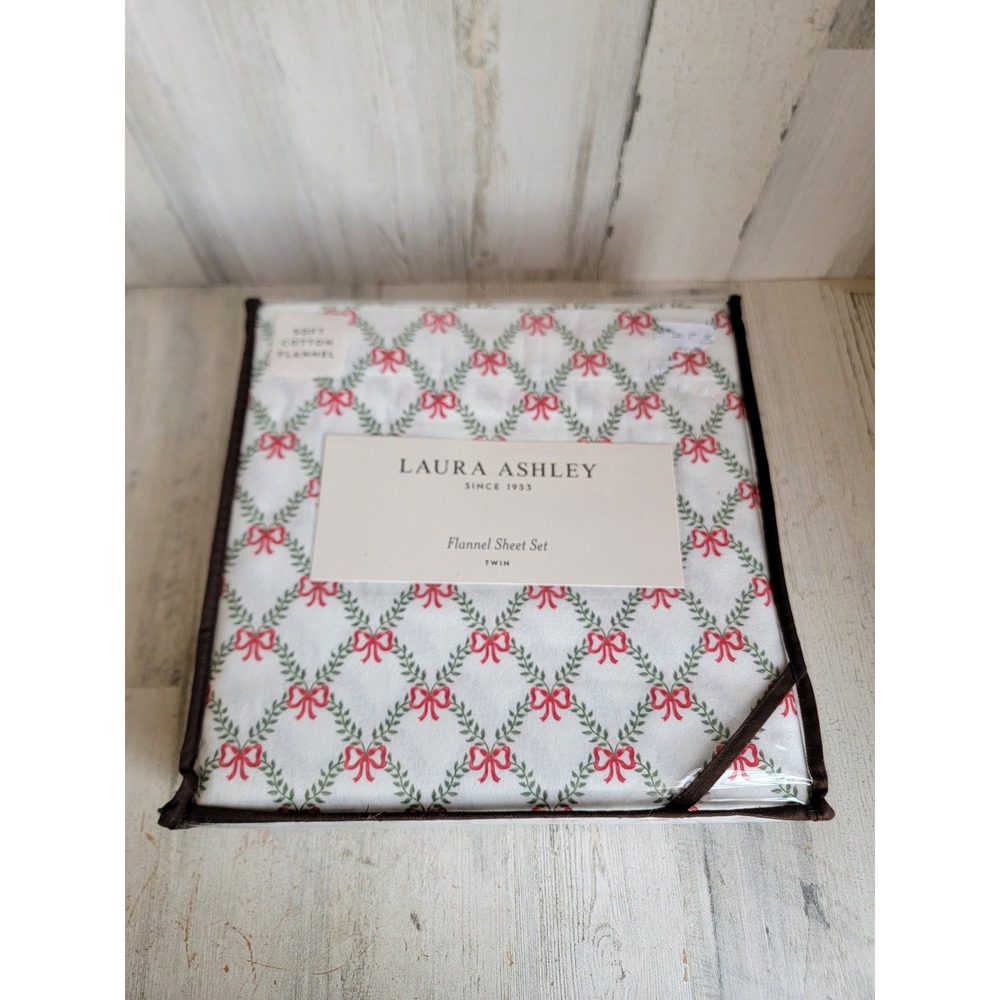 Laura‎ Ashley twin NEW bow trellis flannel bedsheet 3pc holiday Xmas home decor